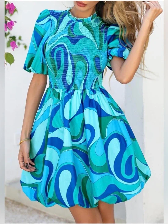 KIRUNDO  Smocked Puff Short Sleeve Boho Ruffle Crewneck Bubble Mini Dress - Picture 5 of 6